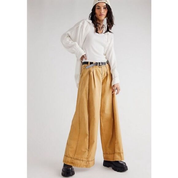 Free people play the‎ game trousers low rise super wide leg mustard yellow 4 - Picture 1 of 8